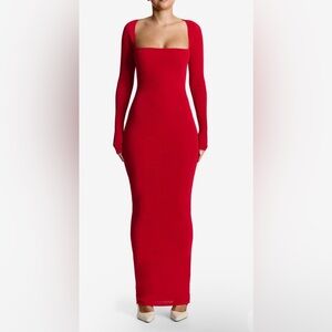 Naked Wardrobe Vibrant Red square neck Long Sleeve Dress